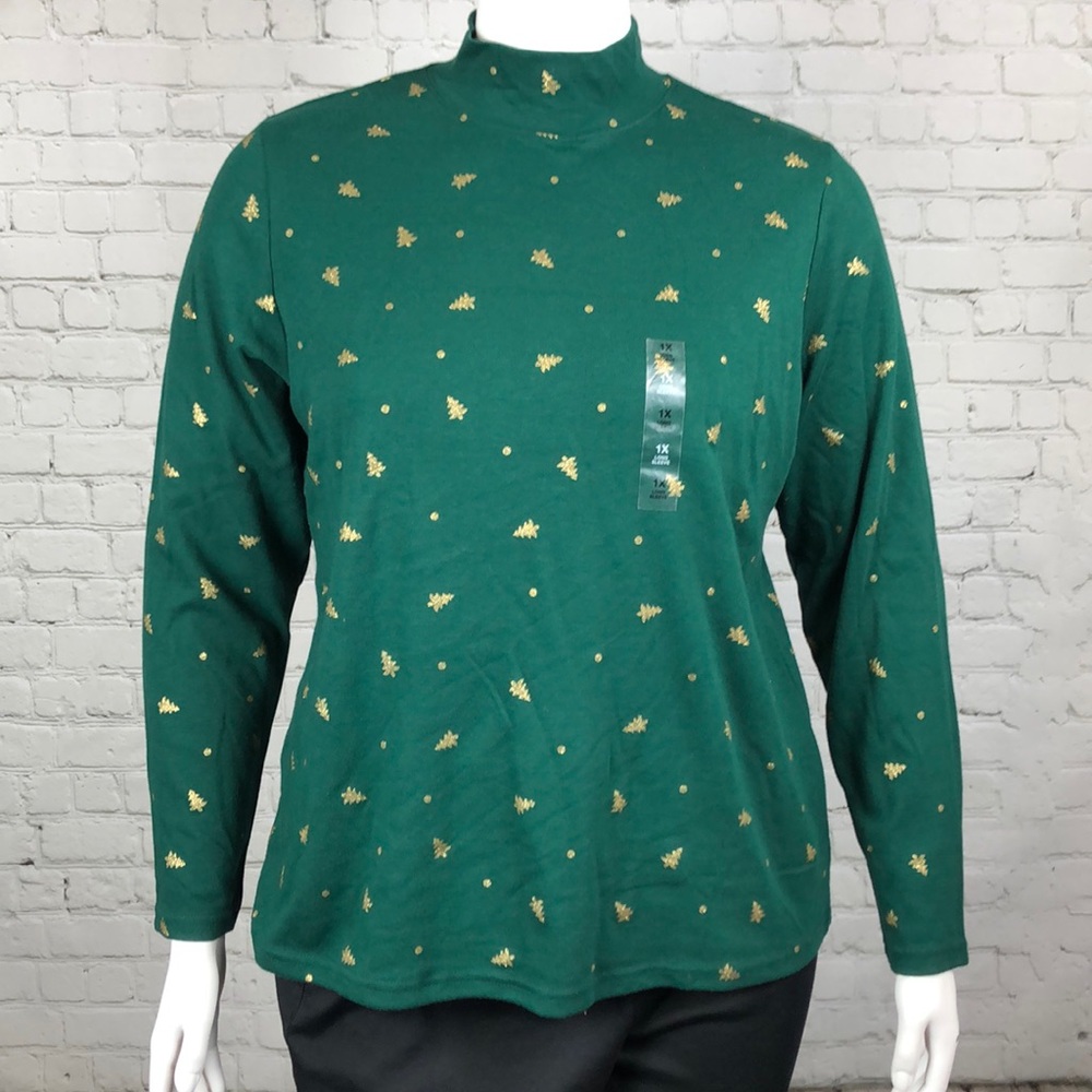 0X 1X 2X Christmas Tree Green & Gold Mock Turtleneck Top X-Mas Plus Size - Picture 2 of 5